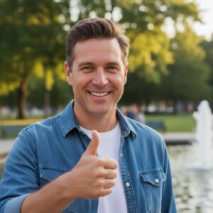 Homem sorridente vestindo camisa jeans faz um gesto de positivo com a mão em um parque.