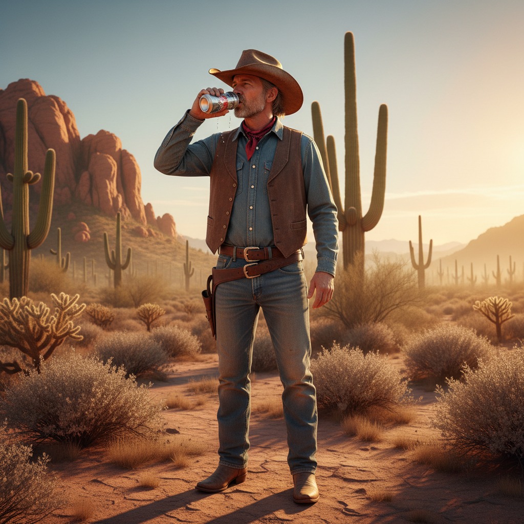 A cowboy wearing a hat and vest drinks from a can while standing in a desert landscape filled with cacti and rock formations.