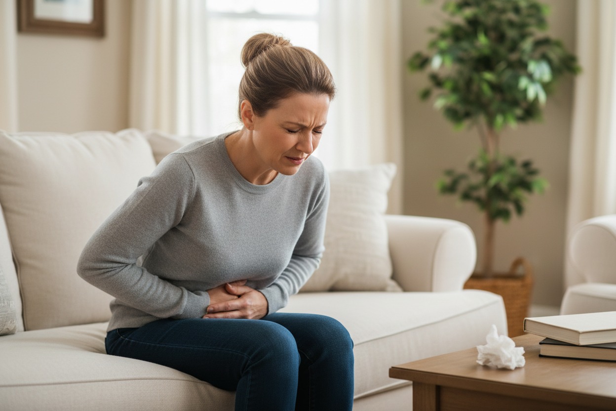 A woman sitting on a white sofa grimaces and holds her stomach in pain.