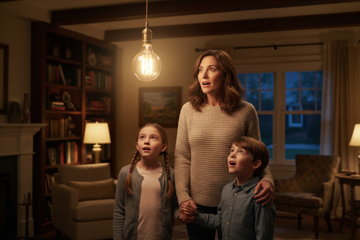 A mother and her two children look up in wonder at a glowing lightbulb hanging in their living room.