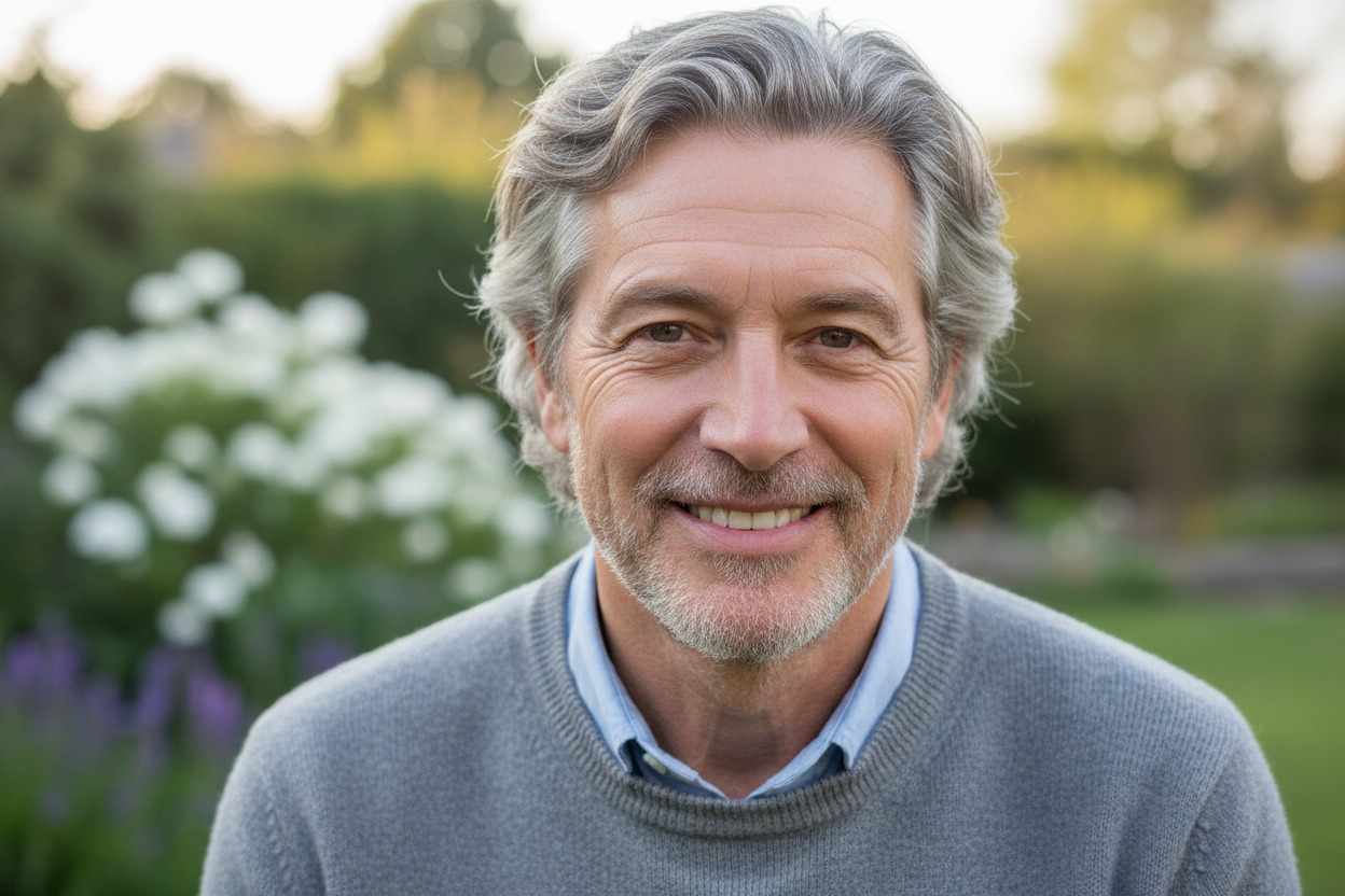 A middle-aged man with gray hair and a light beard smiles warmly outdoors in a garden.