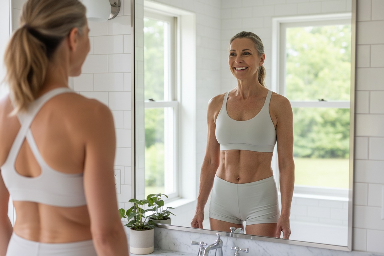 An athletic woman in a white sports bra and shorts smiles while looking at her reflection in a bathroom mirror.